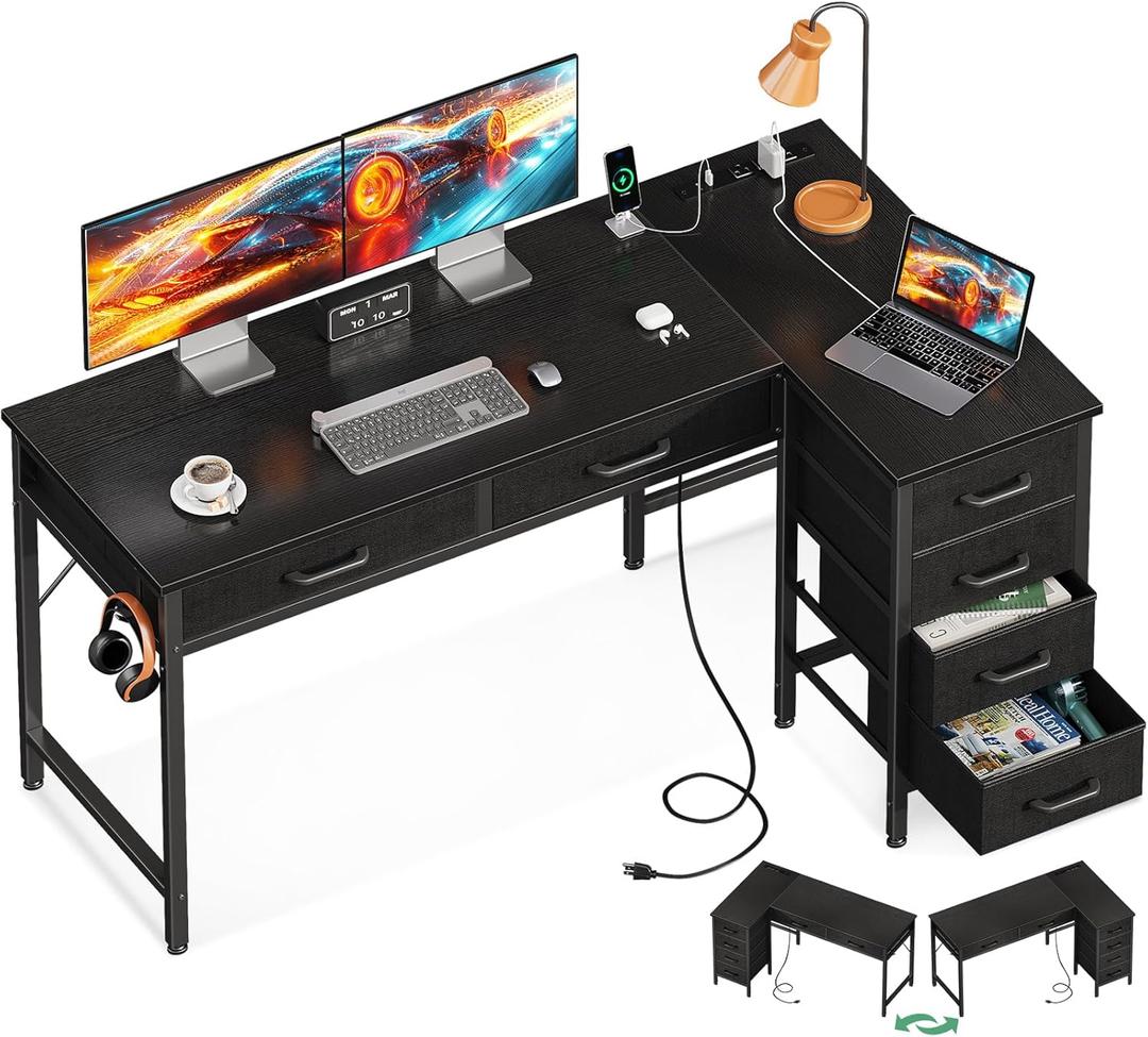 Coleshome 50 Inch L Shaped Desk with Drawers, Computer Desk with Power Outlets, Home Office Desk with 6 Drawers, Reversible Corner Desk for Small Space, Study Work Table with Hook, Black