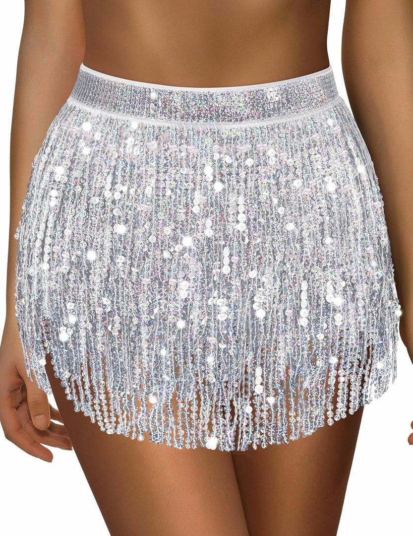 Sequin Skirt Sparkly Skirt Belly Dance Skirt Glitter Skirt Rave Sparkle Skirt Sequin Tassel Skirt Fringe Hip Scarf Women (One Size)