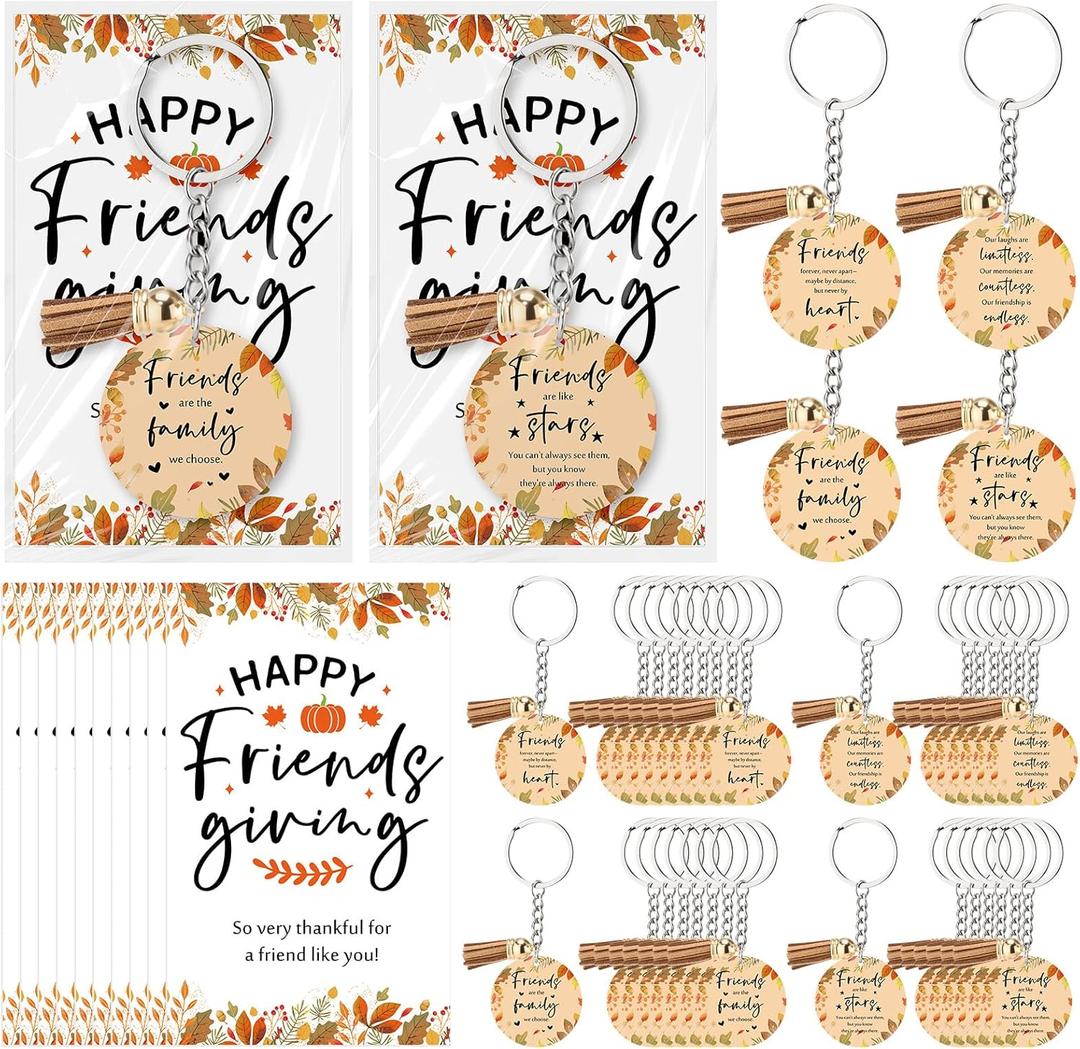 Nosiny 18 Set Friendsgiving Party Favors Bulk Acrylic Friendsgiving Keychains with Tassels Happy Friendsgiving Card for Friends (Mixed)