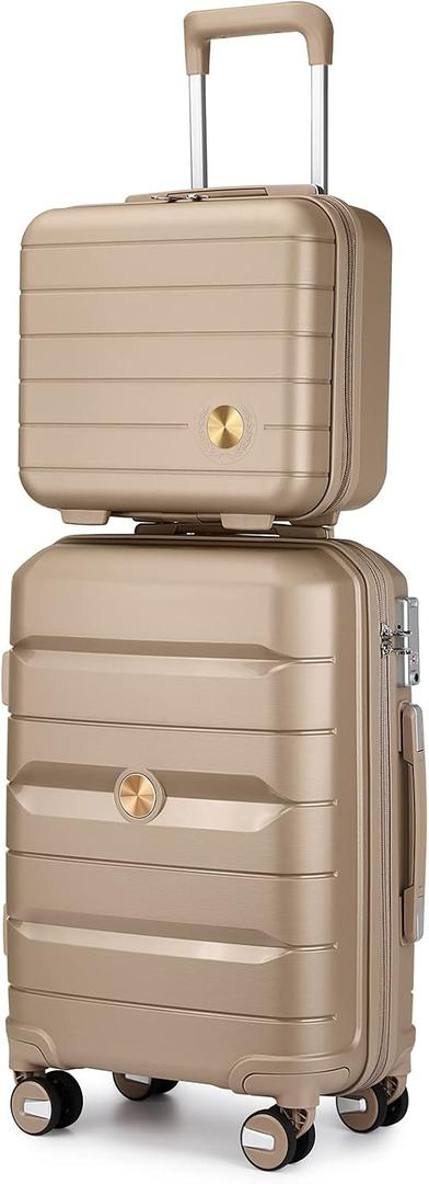 Somago 20" Carry On Luggage and 14" Mini Cosmetic Cases Travel Set Spinner Lightweight Polypropylene Suitcase with TSA Lock YKK Zipper Hardside Luggage Sets 2 Piece (Noble Golden, 2-Piece Set (14/20))