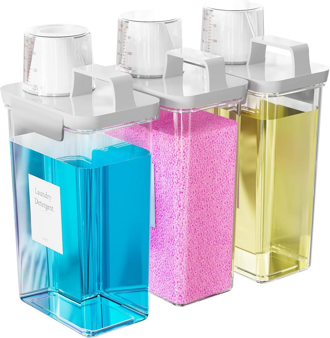 77.8OZ Laundry Detergent Dispenser Container, 3 Pack Liquid Laundry Dispenser, Plastic Detergent Dispenser for Laundry Room/Powder/Fabric Softener with 6 Labels, Clear