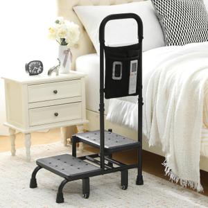 NOVII 2 Step Stool with Handle, Adjustable Bed Steps for High Beds for Adults, Step Stool with Wheels and Storage Bag for Elderly, Portable Footstool for Bedroom, Kitchen, Bathroom
