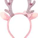 Christmas Reindeer Headband with Bells, Christmas Festive Glitter Pink Deer Antler Hair Accessory Hairband for Women Xmas Party Decoration Supplies