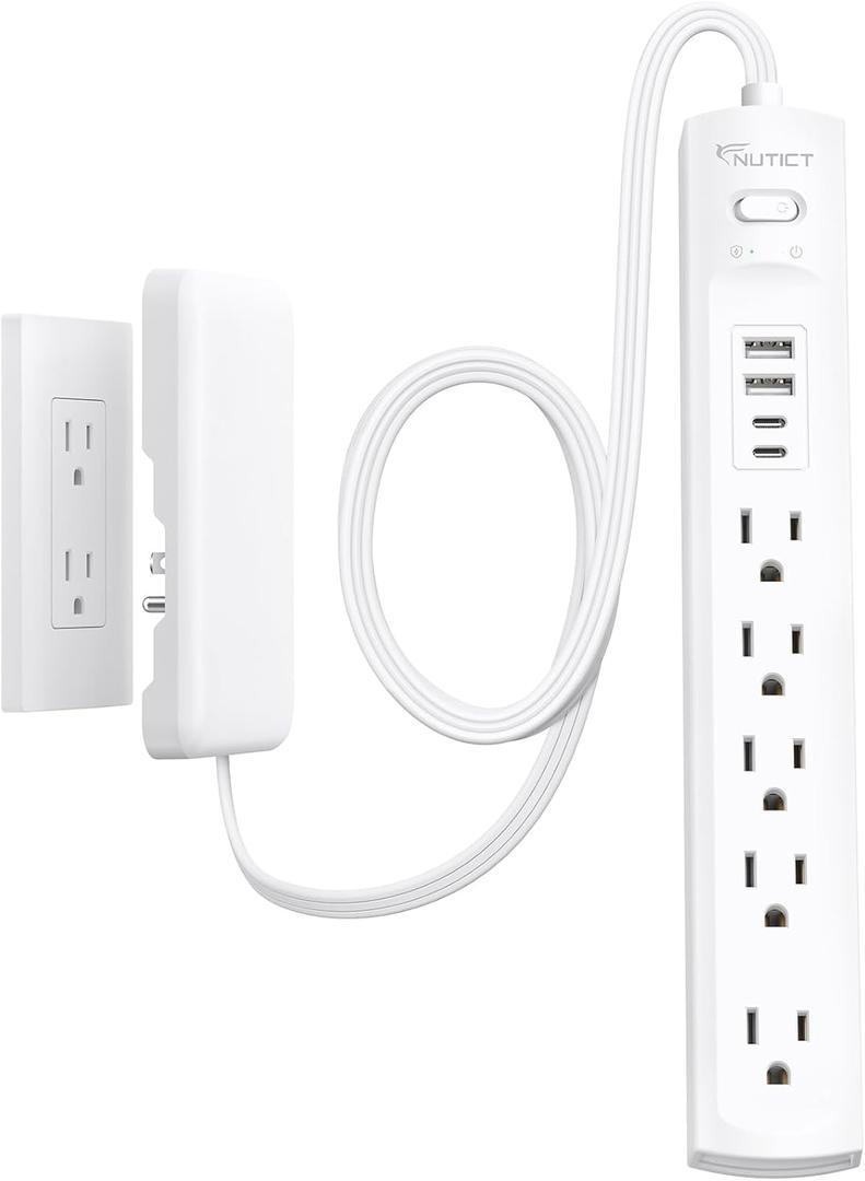 NUTICT Flat Plug Power Strip 6ft, Outlet Cover Extension Cord with 5 Outlets and 4 USB Ports, 1440J Surge Protector, 10A/1250W, White Flat Wall Plug Extension Cord Ideal for Home Office Furniture