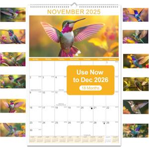 Gannyfer 2026 Wall Calendar,18 Months 22.75" x 15.5" Calendar 2025-2026, Use Now to DEC 2026, Spiral Binding Cute Hummingbird 2026 Calendar,Perfect for Home,School or Office (6 Stickers Included)