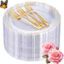 LIYH 200 Pcs Clear Gold Plastic Dessert Plates 7.5"and Cake Forks 5" - Clear Small Cake Plastic Plates and Gold Forks for Parties Wedding Birthday (200Pcs(100 Guests)