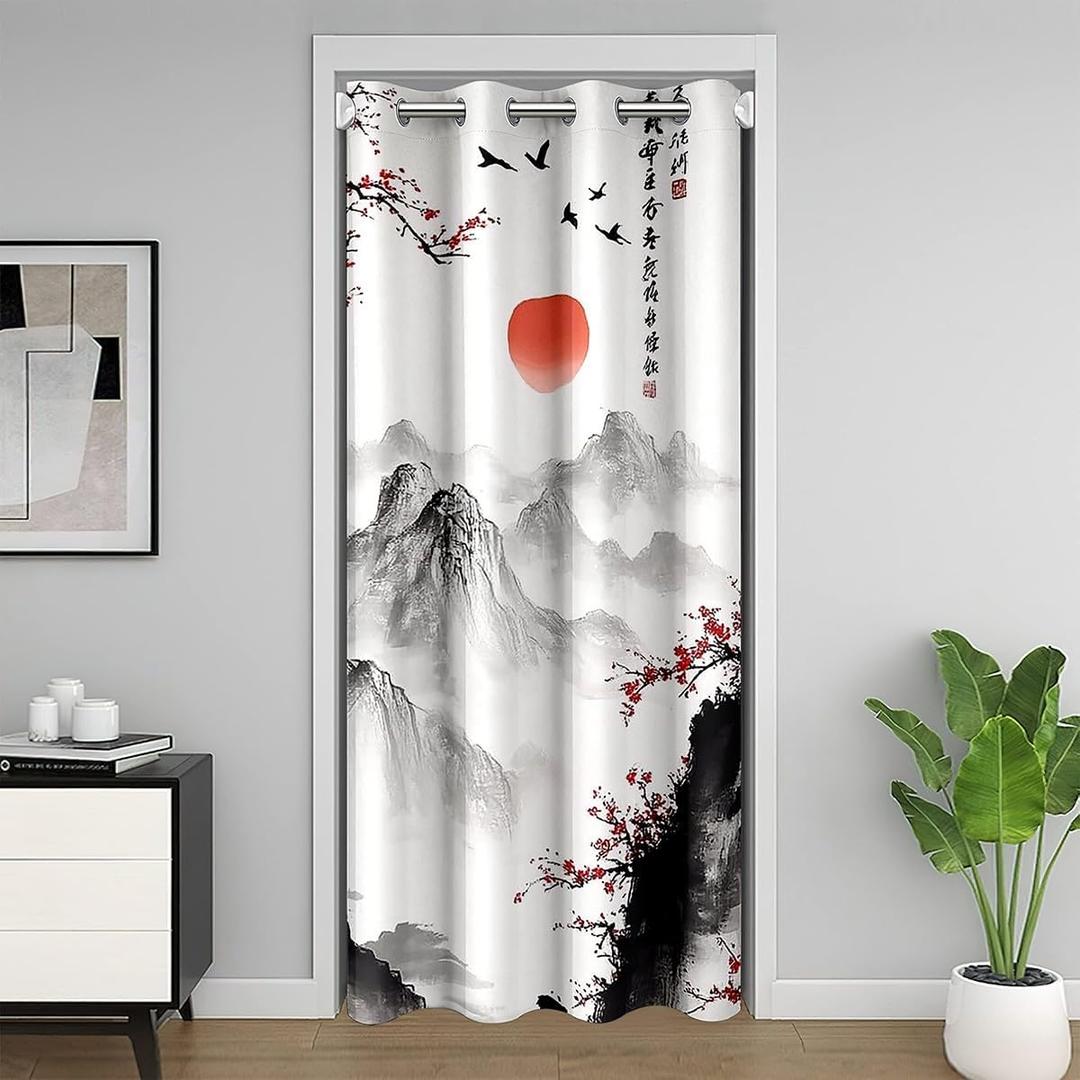 Chinese Mountain Door Curtain for Doorway Privacy 34x80 Inch 1 Panel Kids Landscape Painting Red Plum Closet Door Cover Boy Girl Chinese Traditional Culture Darkening Curtain Sunset (Orange Red Black)