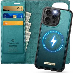 Wallet Case for iPhone 16 Pro Compatible with Magsafe, 2-in-1 PU Leather Flip RFID Blocking Card Holder Stand Shockproof Magnetic Detachable Cover for iPhone 16 Pro Case 6.3", Bluegreen