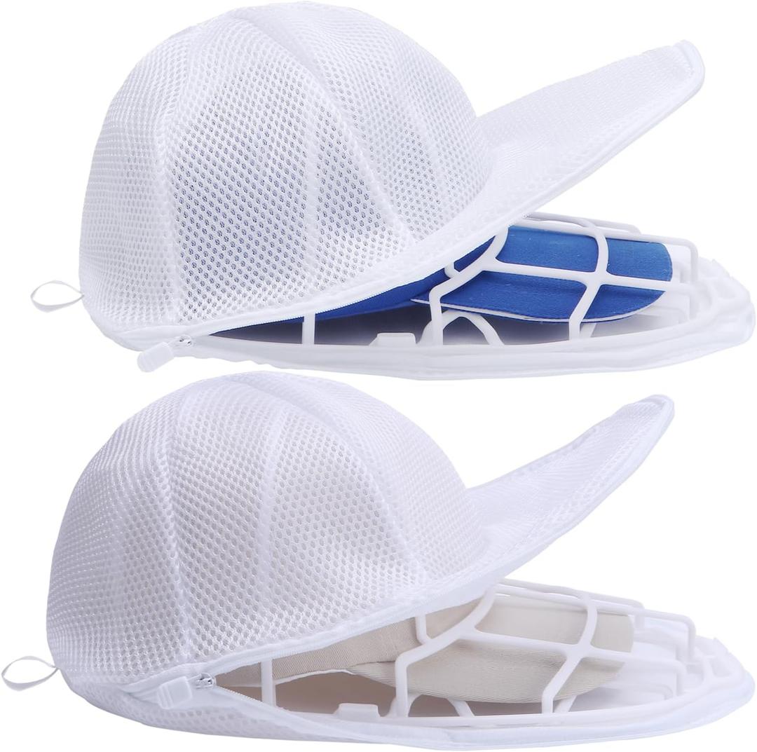 Baseball Cap Washer Frame for Washing Machine, Hat Washer Cage for Flat and Curved Hats with Mesh Laundry Bag, White PP Plastic, Fits Adult and Kids, 2 Pack