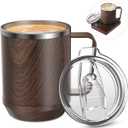 Felibeaco 16oz Heated Coffee Mug With Flat Bottom for Rapid Heating, Stainless Steel Cup for Different Warmer/Heaters, Suitable for Home and Office Desk, Wood, No Warmer
