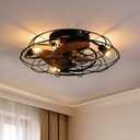Caged Ceiling Fan with Light, 18.1” Black Ceiling Fans with Lights, 6 Wind Speeds Small Farmhouse Enclosed Flush Mount Ceiling Fan with Lights for Bedroom, Living Room, Kitchen, Dinning Room