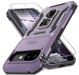 DEERLAMN Case for Google Pixel 9A with Slide Camera Cover+Screen Protector (1 Pack), Rotated Ring Kickstand Military Grade Shockproof Protective Cover-Black