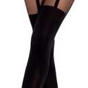 MANZI Mock Suspender Pantyhose for Women Faux Thigh High Stockings Black Over the Knee Goth Sparkly Tights (One Size)