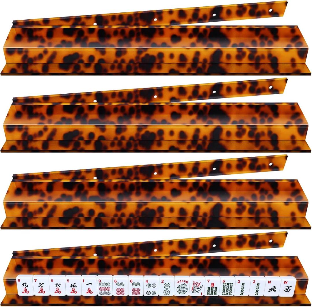 4 Pack Tortoise Shell Straight Mahjong Tile Racks Set with Magnetic Pushers, 18.5 Inch Acrylic Mahjong Racks for Tiles Holders Acrylic Mah Jong Accessories, Fits All Tile Sets