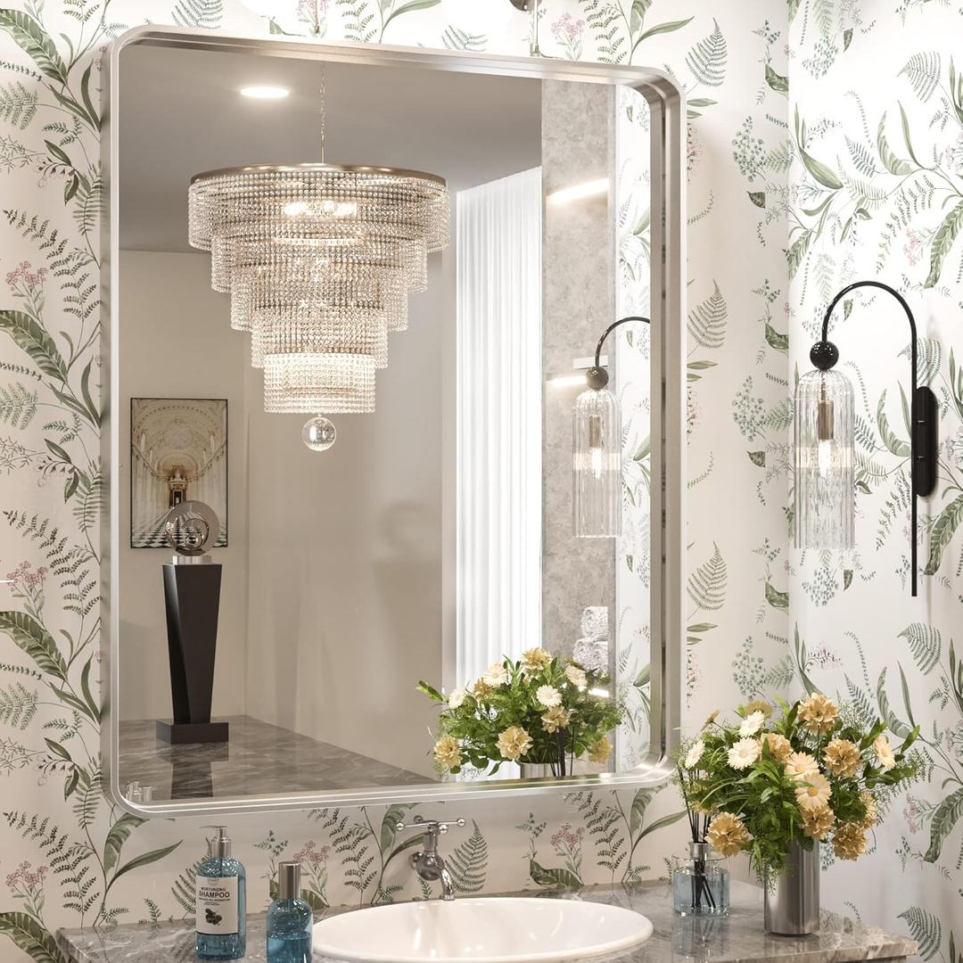 30 x 46 Inch Brushed Silver Bathroom Mirror for Over Sink Metal Framed Mirror Rectangle Wall Vanity Mirror Square Corner, Modern Farmhouse Decorative Rectangular Mirror(Horizontal/Vertical)