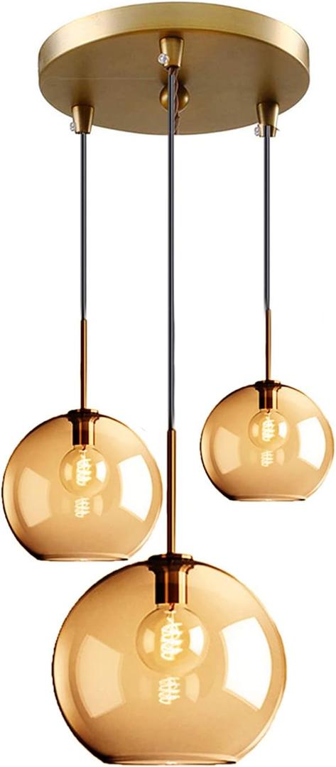 3-Light Spherical Amber Glass Pendant Lighting Globe Glass Hanging Lamp Chandelier Hanging Light (Amber)