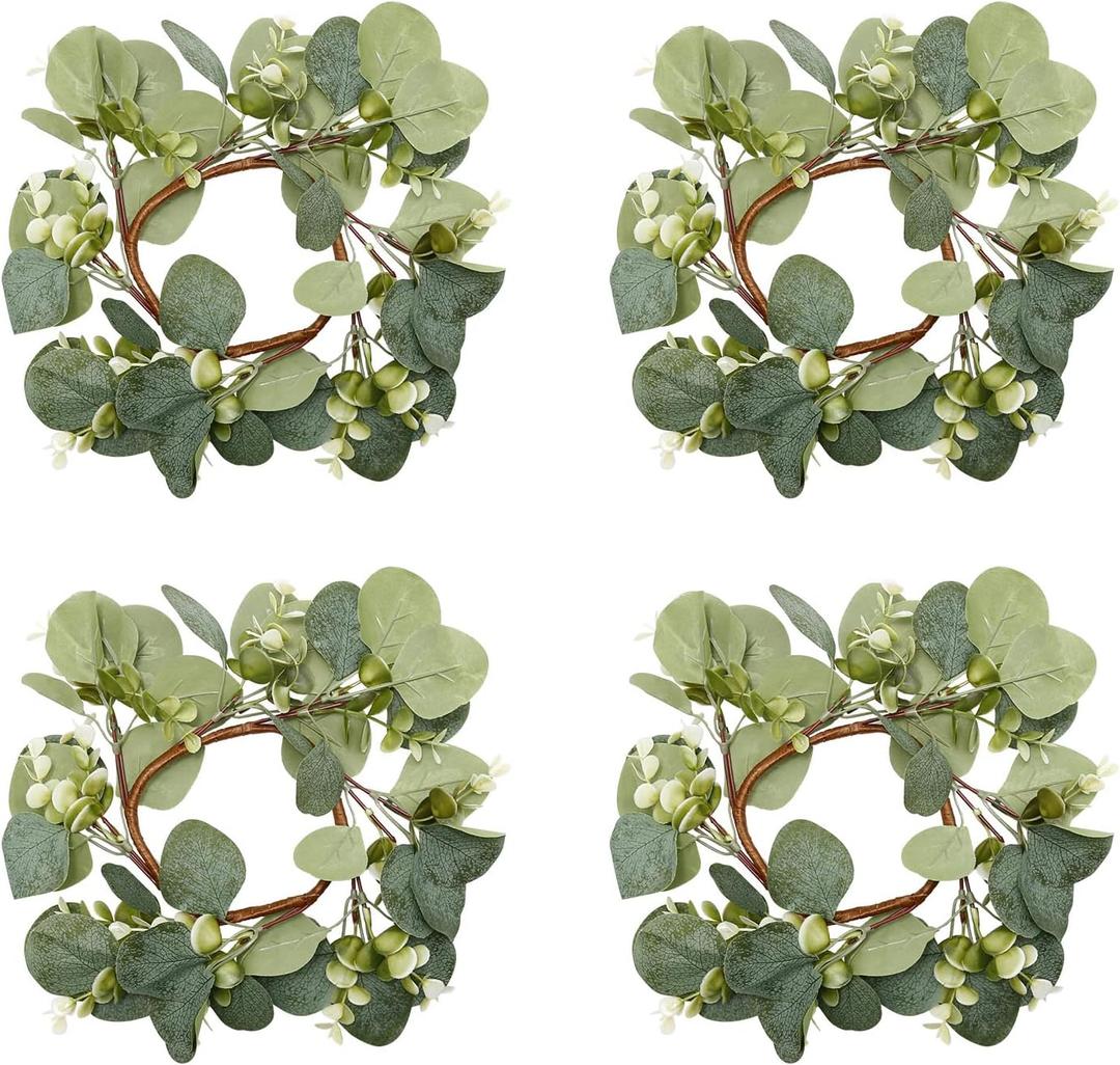 4 Pcs Candle Rings Artificial Eucalyptus Leaves Wreaths 10 Inch Candle Rings Wreaths Small Boho Wreath Pillar Candle Holder for Wedding Home Door Tabletop Decoration (Elegant Eucalyptus Leaf)