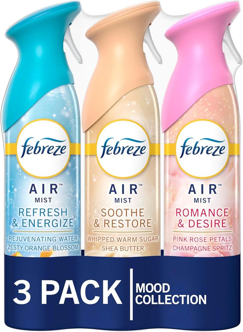 Febreze Air Mist Air Freshener Spray, Odor-Fighting Room Spray for Home and Bathroom and Kitchen, Aerosol Can, Refresh & Energize, Soothe & Restore, Romance & Desire Scent, 8.8oz, 3 Count