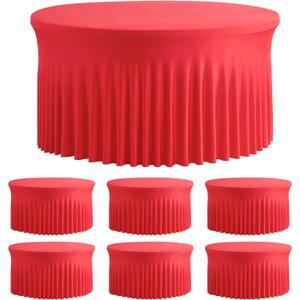 6 Pack Spandex Red Round Tablecloths for 60inch Table, 120in Stretchy Fitted 5ft Tablecloths, Wrinkle Free Round Table Clothes Covers with Skirt for Wedding Birthday Parties Banquet