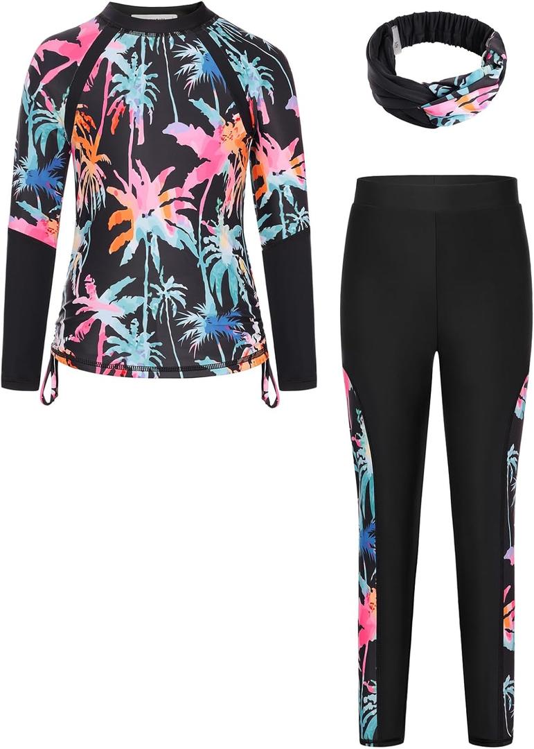 GRACE KARIN Girls Swimsuit Size 12-14 Teen Girl Swimwear Rash Guard Sets Quick Dry Long Sleeve Bathing Surfing Suit Summer Beach Pool Sun Protection
 (Iridescent Tropical Palm Print on Black)