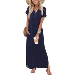 Zeagoo Summer Dresses for Women 2026 Maxi Dresses Vacation Sundress Short Sleeve Casual Sundresses Split Dress with Pockets, XL (Blue)