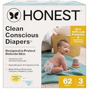 The Honest Company Clean Conscious Diapers for Sensitive Skin | Up to 100% Leakproof | Hypoallergenic, Fragrance Free | Summer '25 Limited Edition Prints | Club Box, Size 3 (16-28 lbs), 62 Count