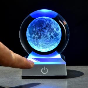 3D Moon Crystal Ball with LED Stand, 80mm Glass Sphere Lamp Night Light, Moon Planet Globe Gifts for Women and Men