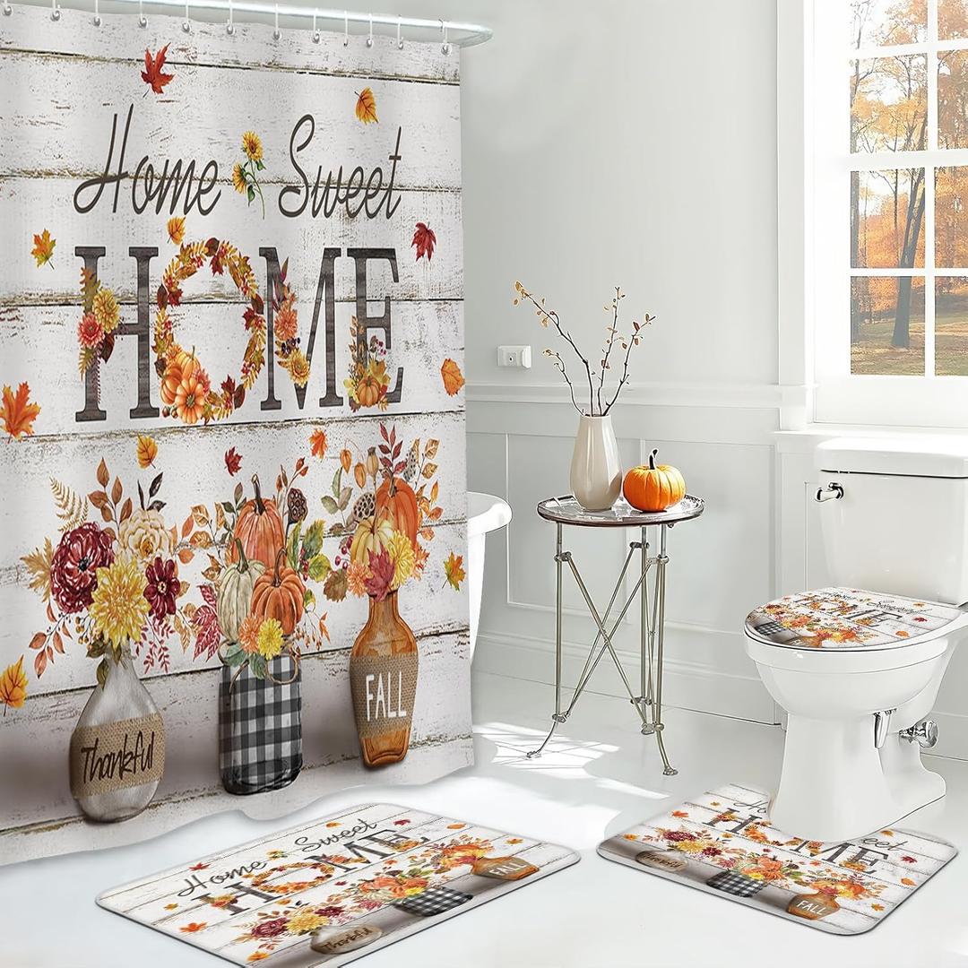 MEHOFOND 4pcs Fall Pumpkin Shower Curtain Set, Autumn Thanksgiving Shower Curtain Set, Maple Leaf Floral Rustic Wood Home Sweet Home Bathroom Decor, Thanksgiving Holiday Curtains with Hooks 72x72 in (Orange2)