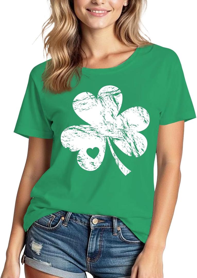 XLIEVO St Patrick's Day Shirts for Women Lucky Irish Shamrock Crew Neck Short-Sleeve Graphic Higher Quality Printed T-Shirt (Large, Green-ypyz1)