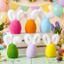 6 Pcs Colorful Flocked Easter Eggs Decorations with Bunny Ears 6.5" Flocking Egg Tabletop Ornaments for Easter Centerpieces, Large Size Decorations for Spring Home Office Party Supplies