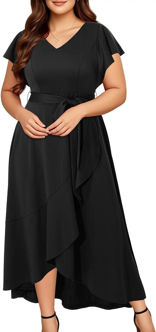 Women Plus Size Wedding Guest Dress - Formal Cocktail Split Ruffle V Neck High Low Party Long Maxi Dresses 2025 (Black), Size: 20 Plus