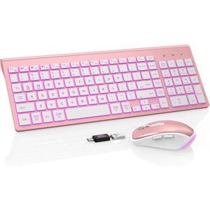 SABLUTE Wireless Keyboard and Mouse Combo Backlit - Compact Quiet Keyboard with RGB Mouse, Rechargeable, Slim, Sleep Mode, Portable Cordless Keyboard Mouse Set for Mac, Windows, Laptop, PC (Rose Gold)