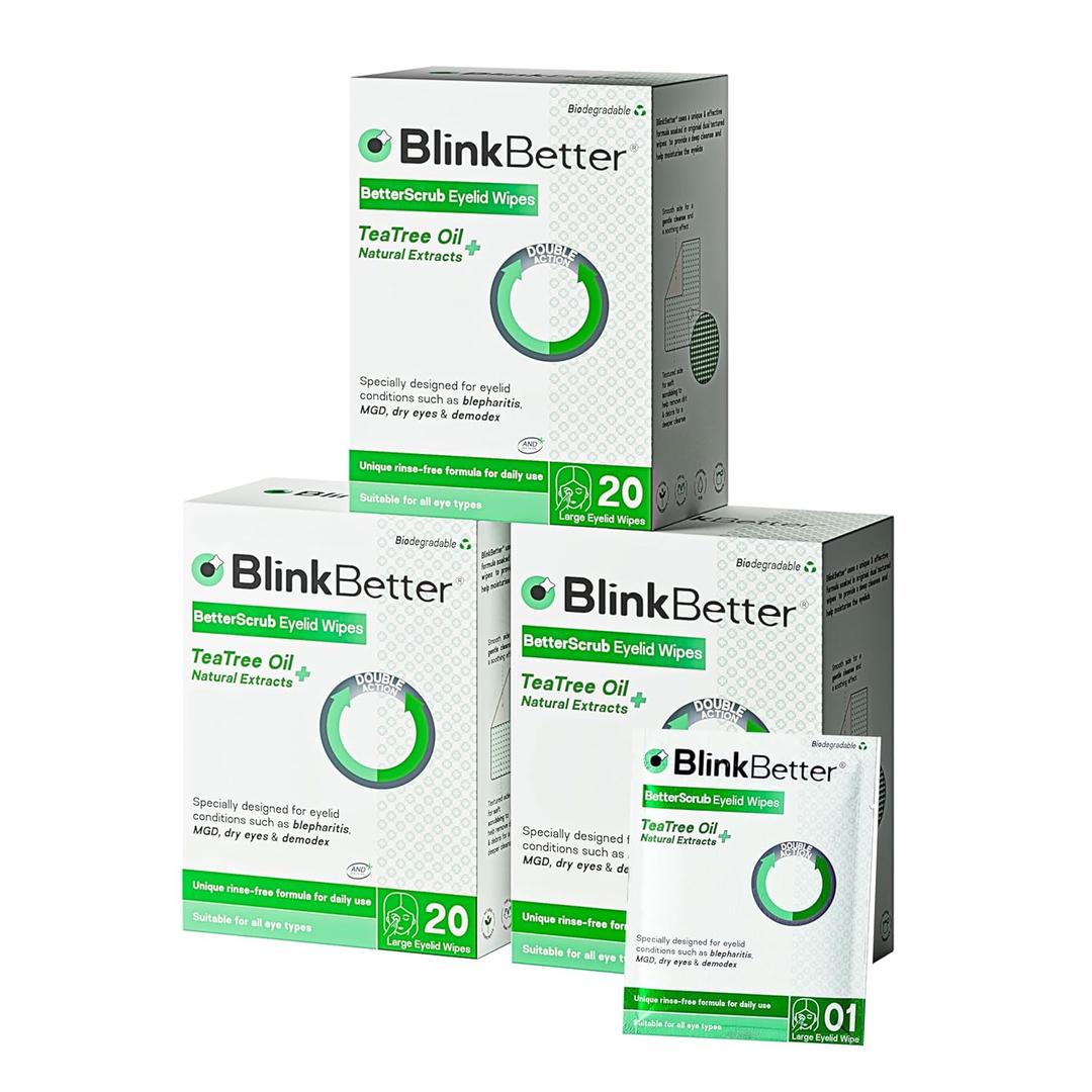 BlinkBetter Tea Tree Oil Eyelid Wipes- 60 (Pack of 3) Natural Blepharitis, MGD & Dry Eye Relief Wipes | Cleansing, Soothing, Dual-Textured, Triple Moisture Formula | Biodegradable & Gentle