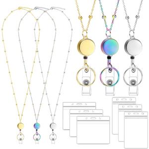 Lanyards for Id Badges 3 Pack Badge Lanyard with 6 Pcs Id Badge Holder Retractable Stainless Steel Teacher Lanyards Cruise Ship Lanyard for Girl Women (Gold, Silver, Bright Blue)