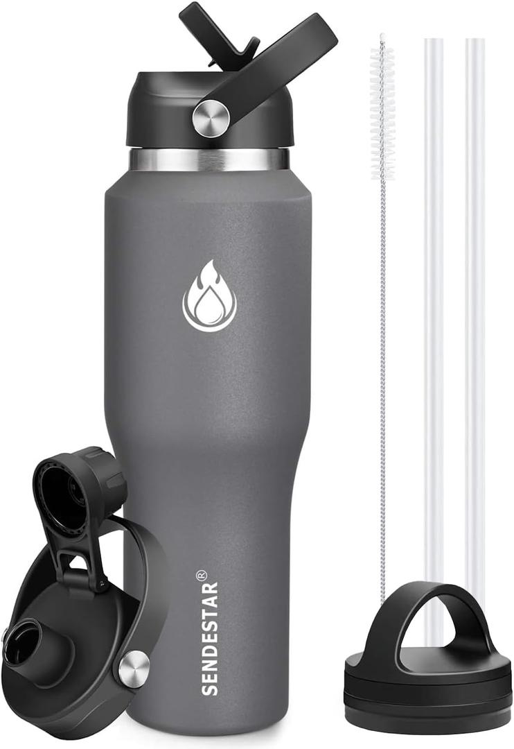 SENDESTAR 40oz Water Bottle Wide Mouth Stainless Steel Vacuum Insulated Double Wall with 2 Straw Lids Fit in Any Car Cup Holder (Gray)