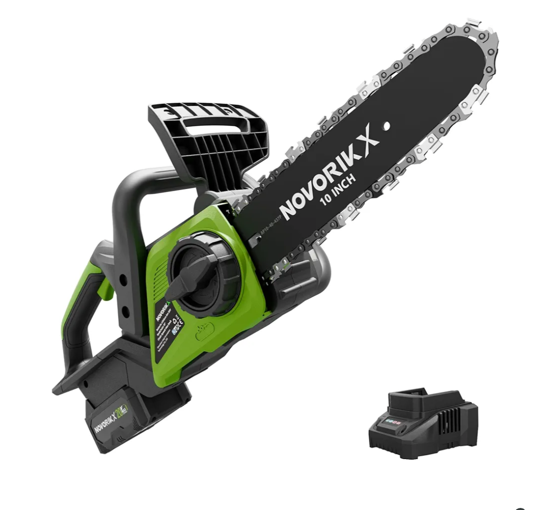 NovorikX 20V Cordless Chainsaw, 10-Inch Electric Chain Saw with 4.0Ah Battery & Charger, Auto Oiler, Tool-Free Chain Tension for Tree Trimming, Branch Cutting & Yard Work