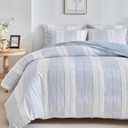 WARMDERN Blue Striped Weave Duvet Cover King Size, White Knit Boho Duvet Cover Set, Microfiber Textured Bedding Set with Zipper Closure and Corner Ties (Blue, King)