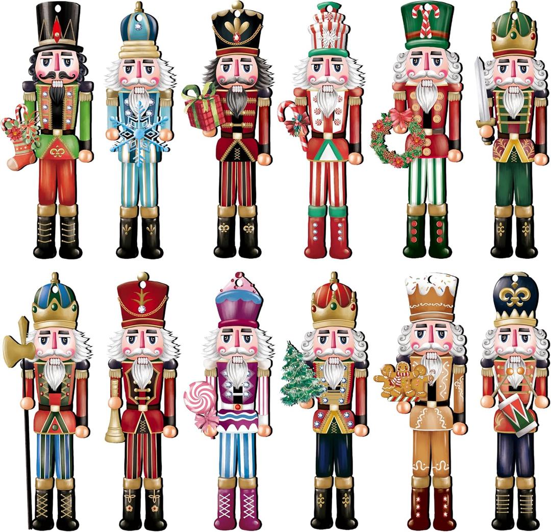 24 Pieces Christmas Nutcracker Wooden Ornaments, Wood Hanging Decoration Set for Christmas Tree Hanging 2D Printed Wood Crafts Holiday Decor Xmas Party Supplies (Xmas-Nutcracker-A)