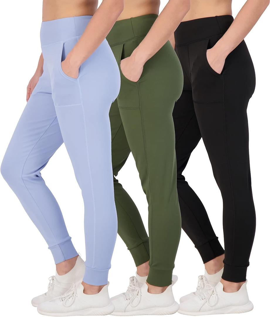 Real Essentials 3 Pack: Women's Workout Yoga Jogger Track Pants - High Waist Running Athletic Sweatpants with Pockets (Plus) (S)