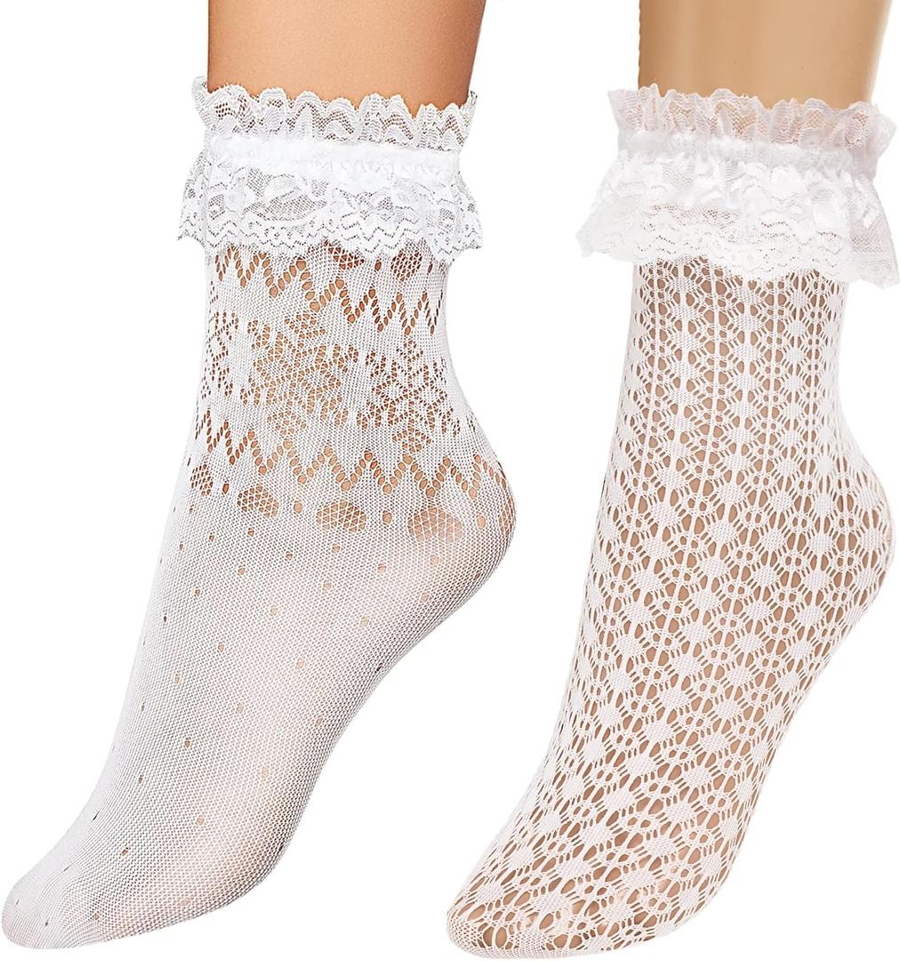 Avidlove Lace Ruffle Frilly Socks for Women - Fashion Ladies Princess Lace Ankle Socks (White)