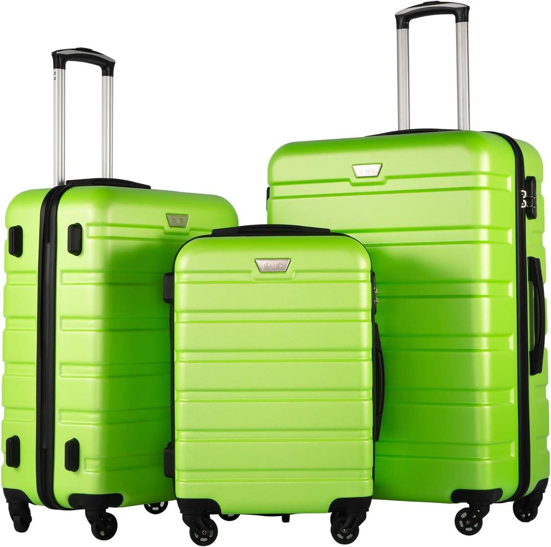 Coolife Luggage 3 Piece Set Suitcase Spinner Hardshell Lightweight TSA Lock (apple green,20/24/28)