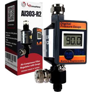 LE LEMATEC Digital Air Pressure Regulator & Filter with Water Separator, 1/4 NPT, Moisture Trap, Oil & Dirt Removal, Inline Dryer for Pneumatic Tools, Spray Paint Gun & Compressed Air System, AI303-R2