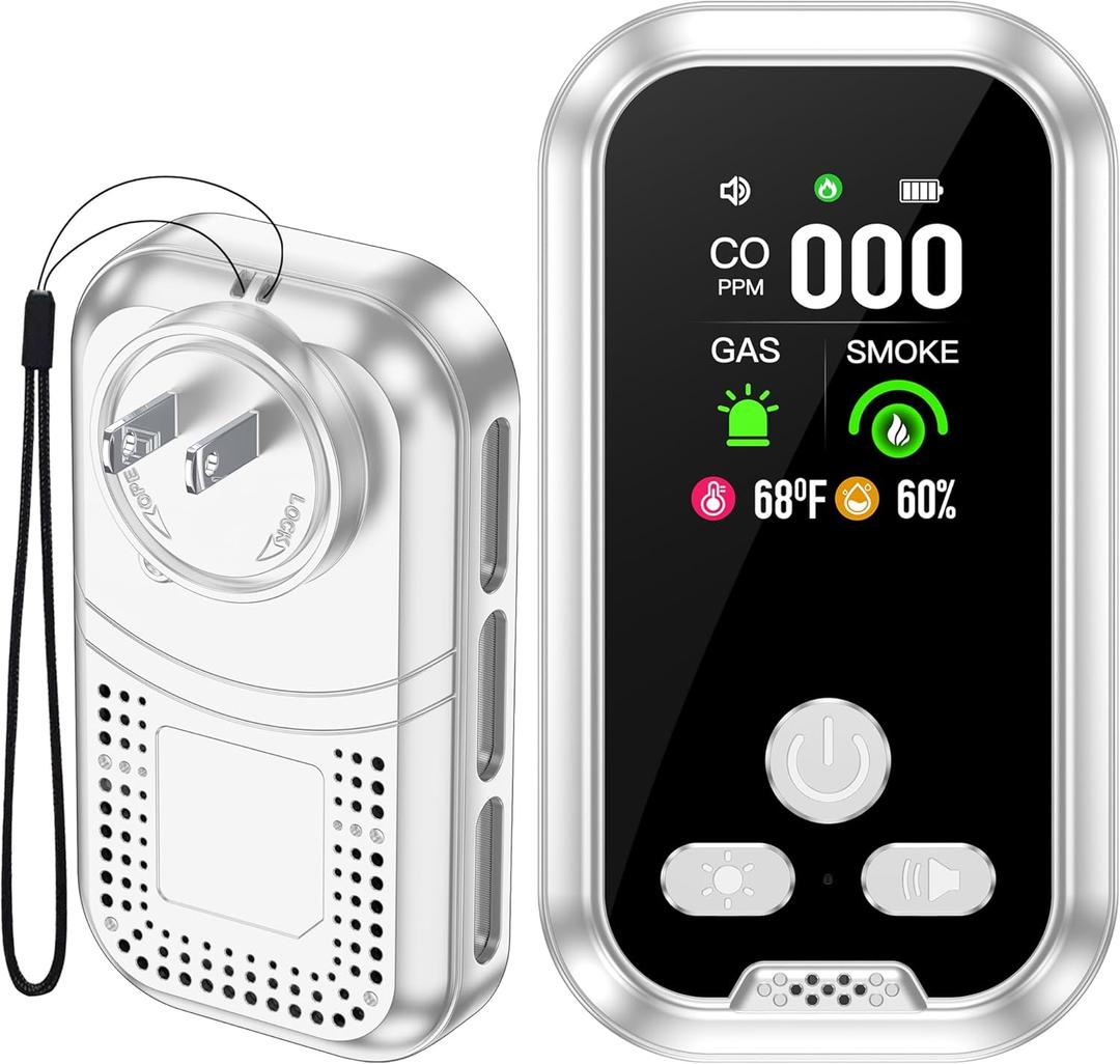 5in1 Plug in Carbon Monoxide Detector &Smoke & Combustible Natural Gas Detectors Combination Builti-in Backup Battery HD Screen [Smoke CO Gas Temp Humidity Sensor] for Home Travel (White)