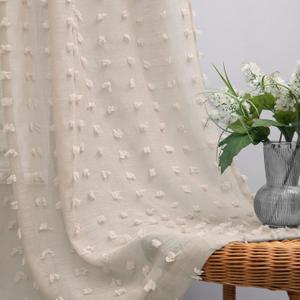 KOUFALL Taupe Small Window Curtain for Bathroom,Boho Pom Pom Textured Earthy Neutral Semi Sheer Short Curtains for Kitchen,52 by 45 Inch Length (Light Tan)