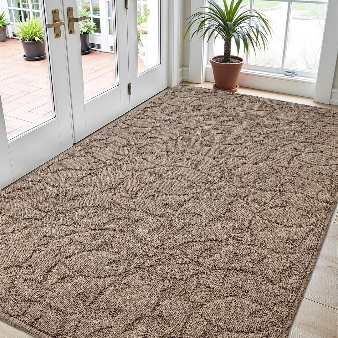 DEXI Front Door Mat Inside Entrance 36"x60", Non Slip Dirt Trapper Doormat, Low Profile Thin Entry Mat, Absorbent Easy Clean Welcome Mats for Entryway, Patio, Branch Leaf Beige