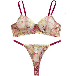 Sexy Floral Embroidered Flower Mesh Underwire Push Up Lingerie Set (Small)