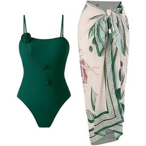 BAWHAHT One Piece Swimsuit Women with Cover Up Set Retro Bathing Suit for Women Tummy Control Beach Wrap Skirt Size M