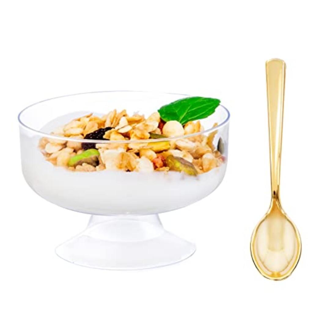 WDF 7oz Clear Dessert Cups Disposable - 96 Pack Dessert Cups With Mini Gold Spoons Plastic Parfait Cups Medium to Large 48 Ice Cream Plastic Cups & 48 Gold Tasting Spoons for Party & Thanksgiving
