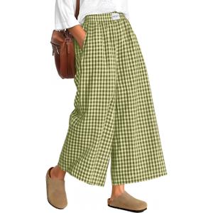 Neer Women's Plaid Gingham Skirt Pants Flowy Oversized Wide Leg Culottes Elastic Waist Palazzo Casual Trousers with Pockets (X-Large)