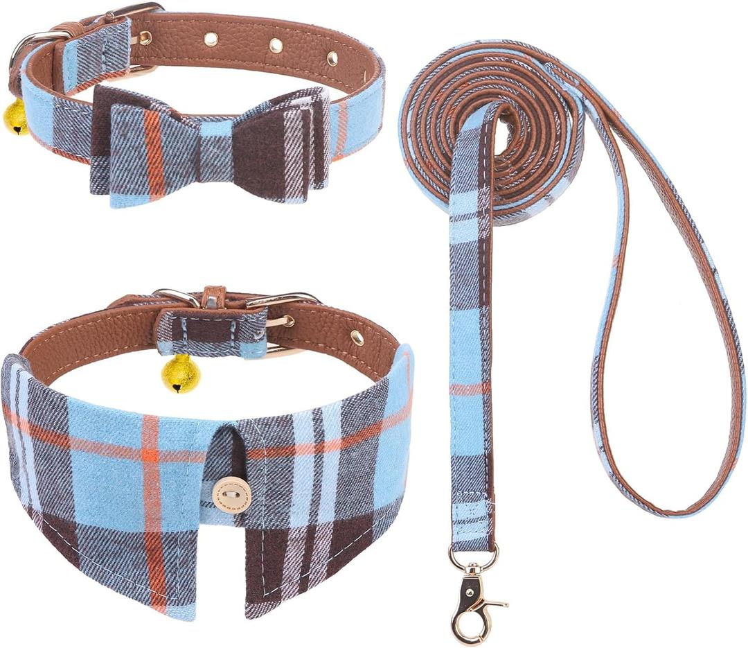 EXPAWLORER Puppy Collar and Leash Set - Classic Plaid Small Dog Collar with Bow Tie, 360 Swivel No Tangle Dog Leash, Adjustable Dog Collar for Small Medium Dogs Cats, Sky Blue S